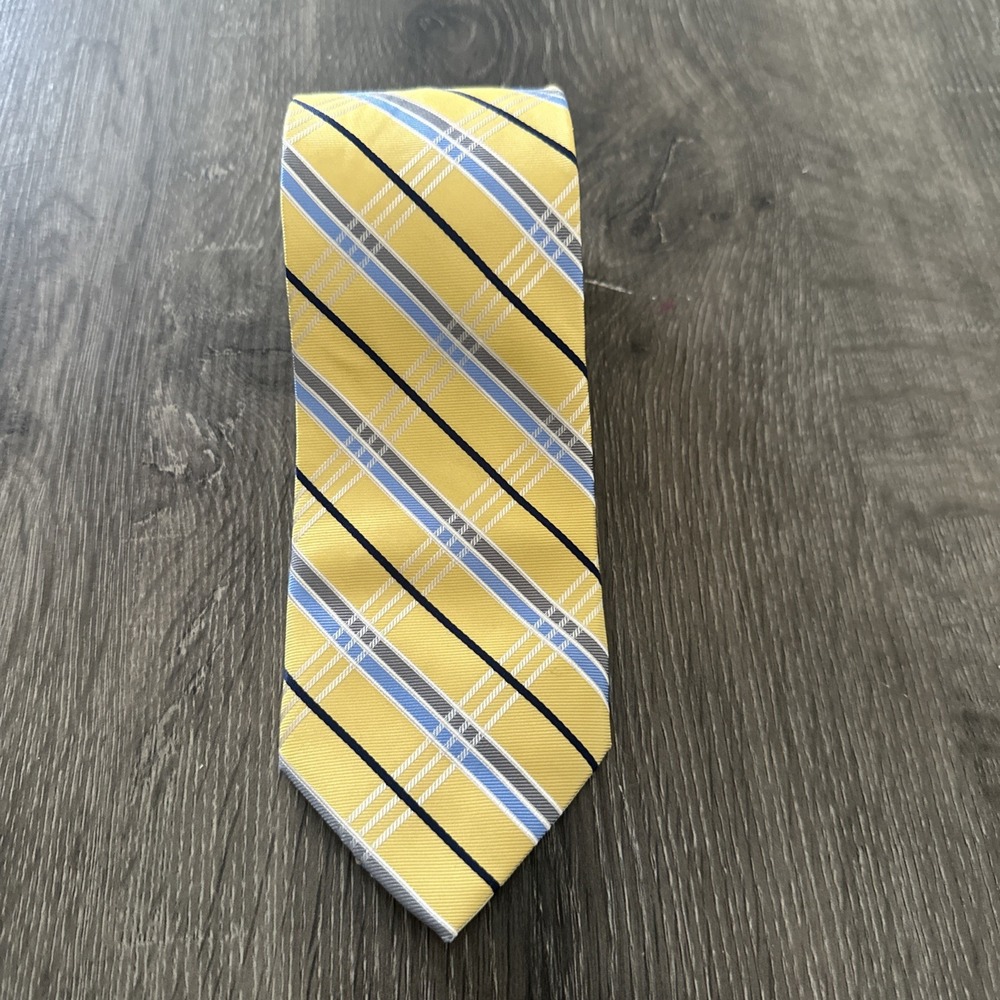 Croft & Barrow Men's 100% Silk Tie Yellow Blue Plaid Striped Necktie